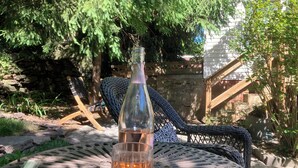 A bottle of wine and a glass on a metal table outdoors.