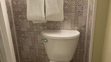 Secadora de cabello, toallas, jabón, papel de baño
