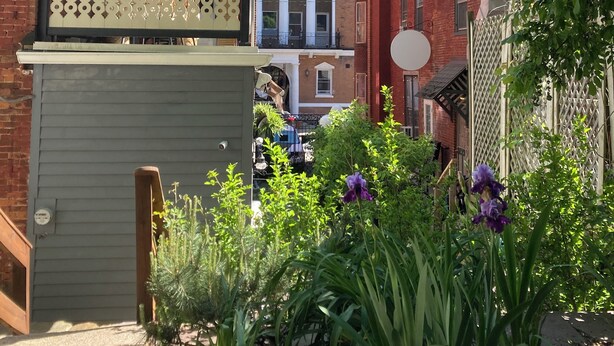 A residential area with a narrow street, houses with balconies, and a lush green hill in the background.