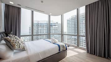 Desk, laptop workspace, blackout curtains, soundproofing