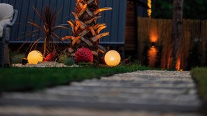 A palm tree in a garden with decorative lights and spherical ornaments. - Sapanca Pine Life (Sapanca)