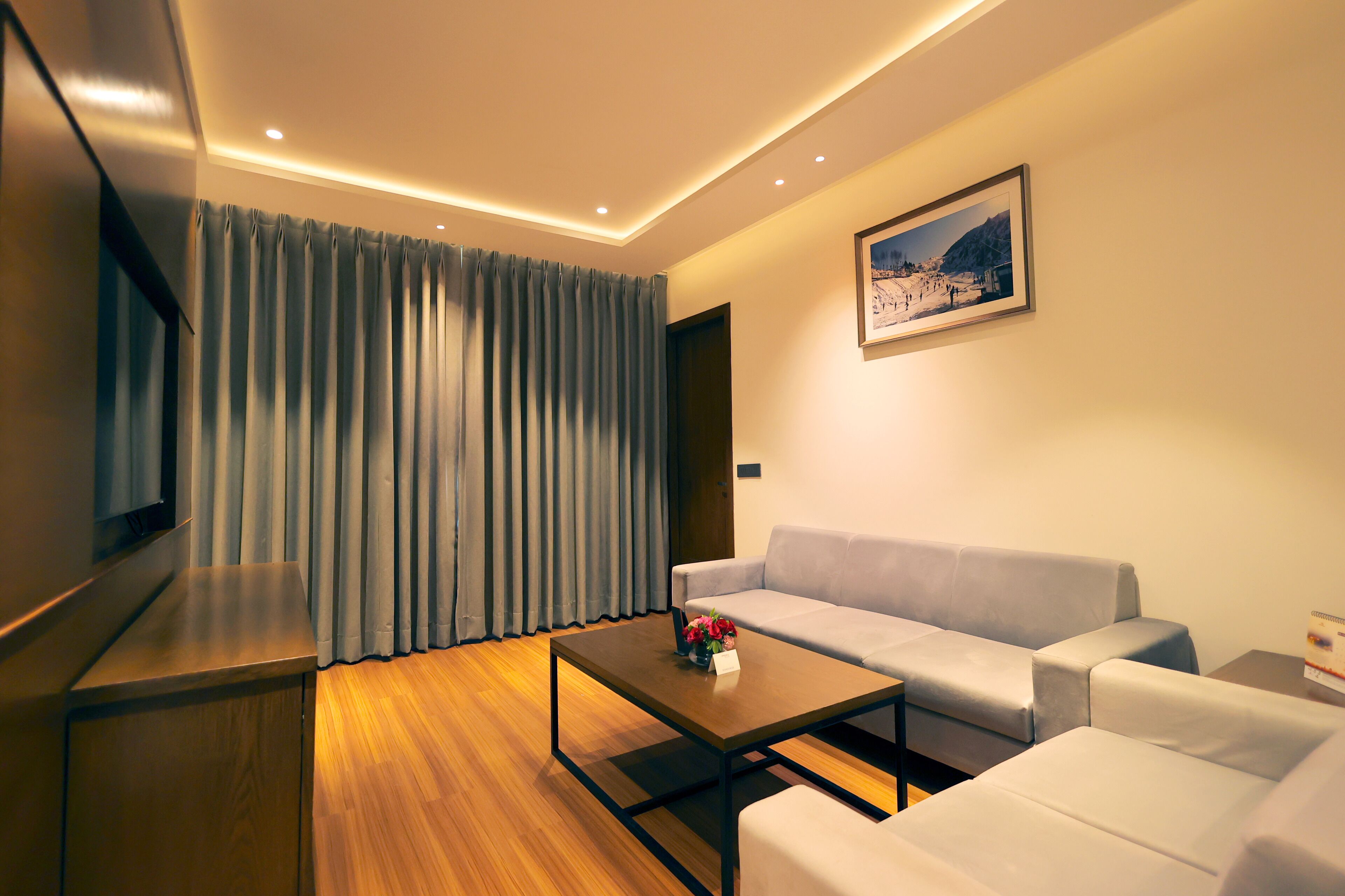 A modern living room with a sofa, a coffee table, and a TV.