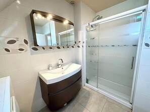 Shower, hair dryer, toilet paper