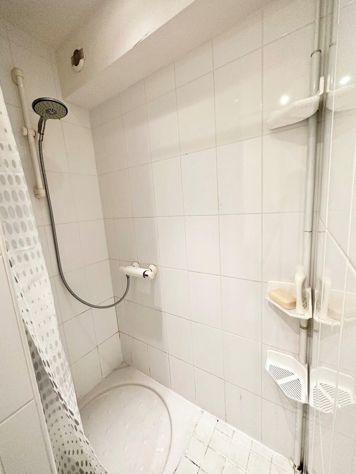 Une petite douche carrelée, dotée d’un pommeau de douche à main, de toilettes et d’une paroi de douche en verre.