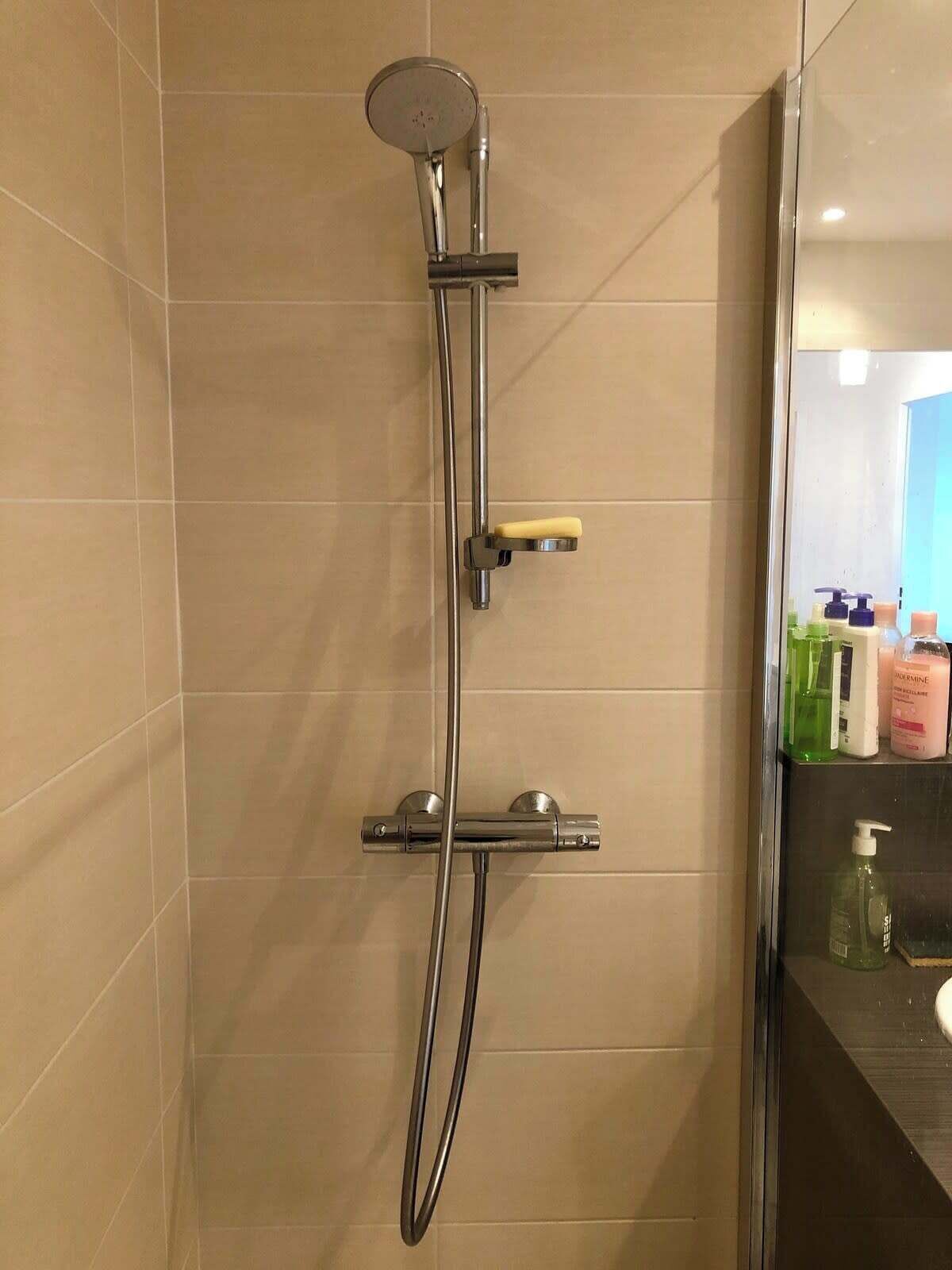Une douche équipée d’un pommeau de douche à main et d’un distributeur de savon à main.