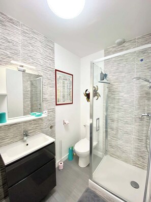 Regadera, secadora de cabello, papel de baño 
