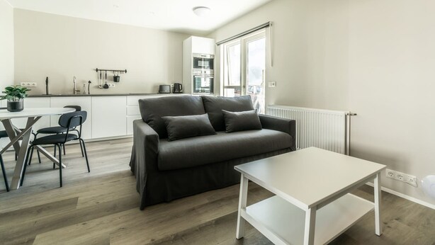 Uma sala de estar moderna com sofá, mesa de jantar com cadeiras, área de cozinha e radiador.