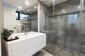 Shower, hair dryer, towels