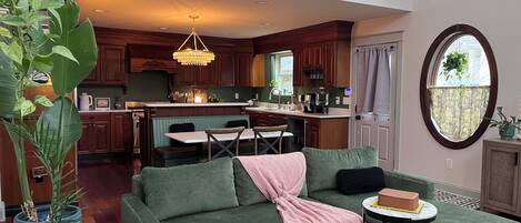 Smart TV, fireplace, DVD player, music library