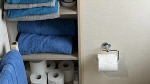 A bathroom with a toilet paper holder, a shelf with blue towels, and multiple rolls of toilet paper. - Luxury Caravan in Towyn North Wales (Abergele)
