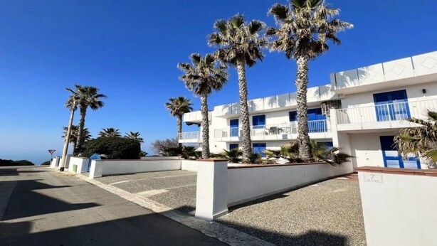 A multi-story building with a white facade, palm trees, and a clear blue sky.