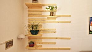 Een muur met houten planken waarop potplanten staan.