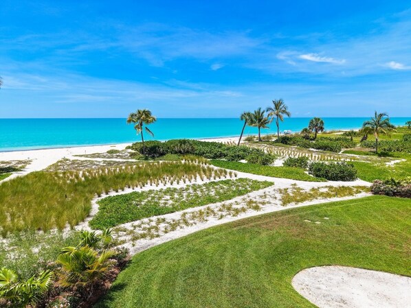 Paesaggio costiero con spiaggia, palme e cielo sereno.