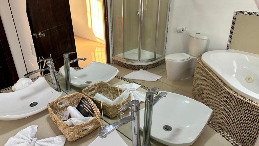 A bathroom with two sinks, a shower, a toilet, and a bathtub.