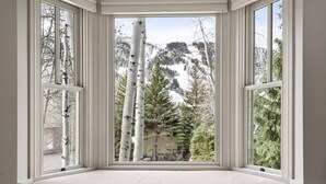 A bay window with a cushioned seat and a view of birch trees and a mountain. - Family-Friendly East Aspen Retreat with Hot Tub, Views & Minutes to Downtown (Aspen)