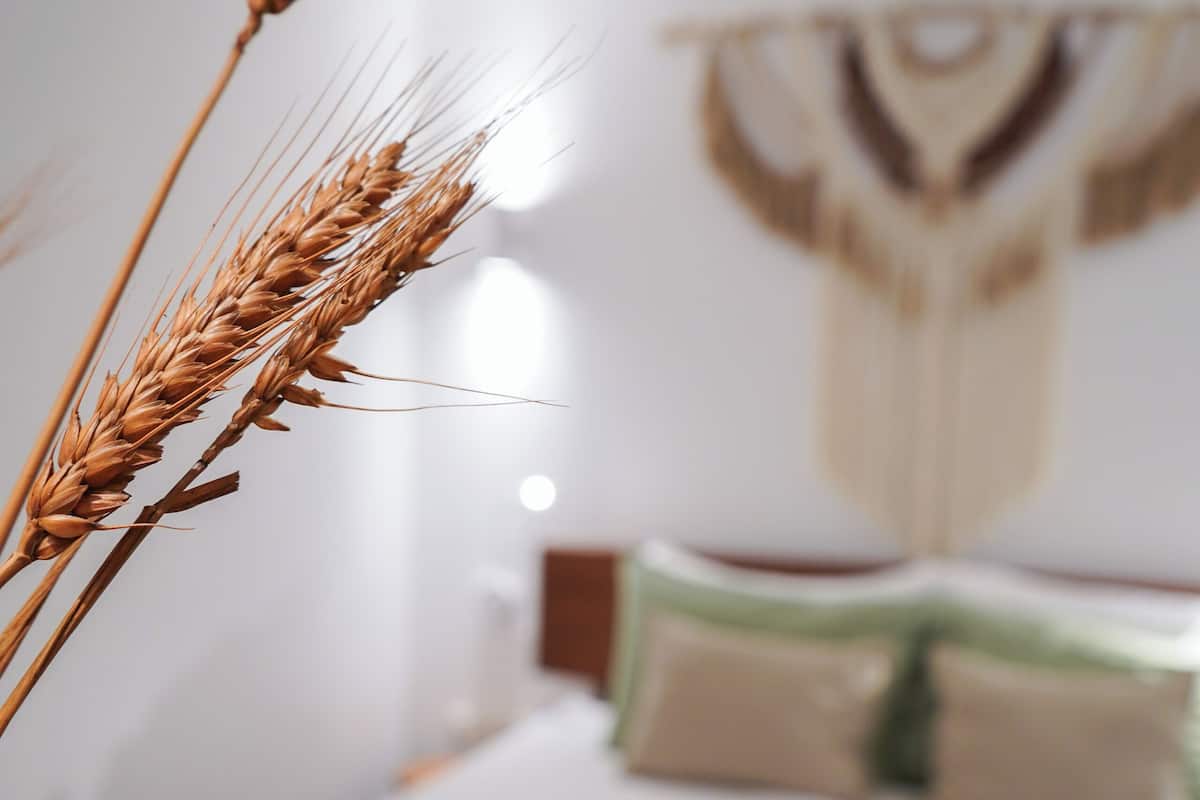 Ein Schlafzimmer mit einem Bett, Kissen und einer Wand mit dekorativem Muster.