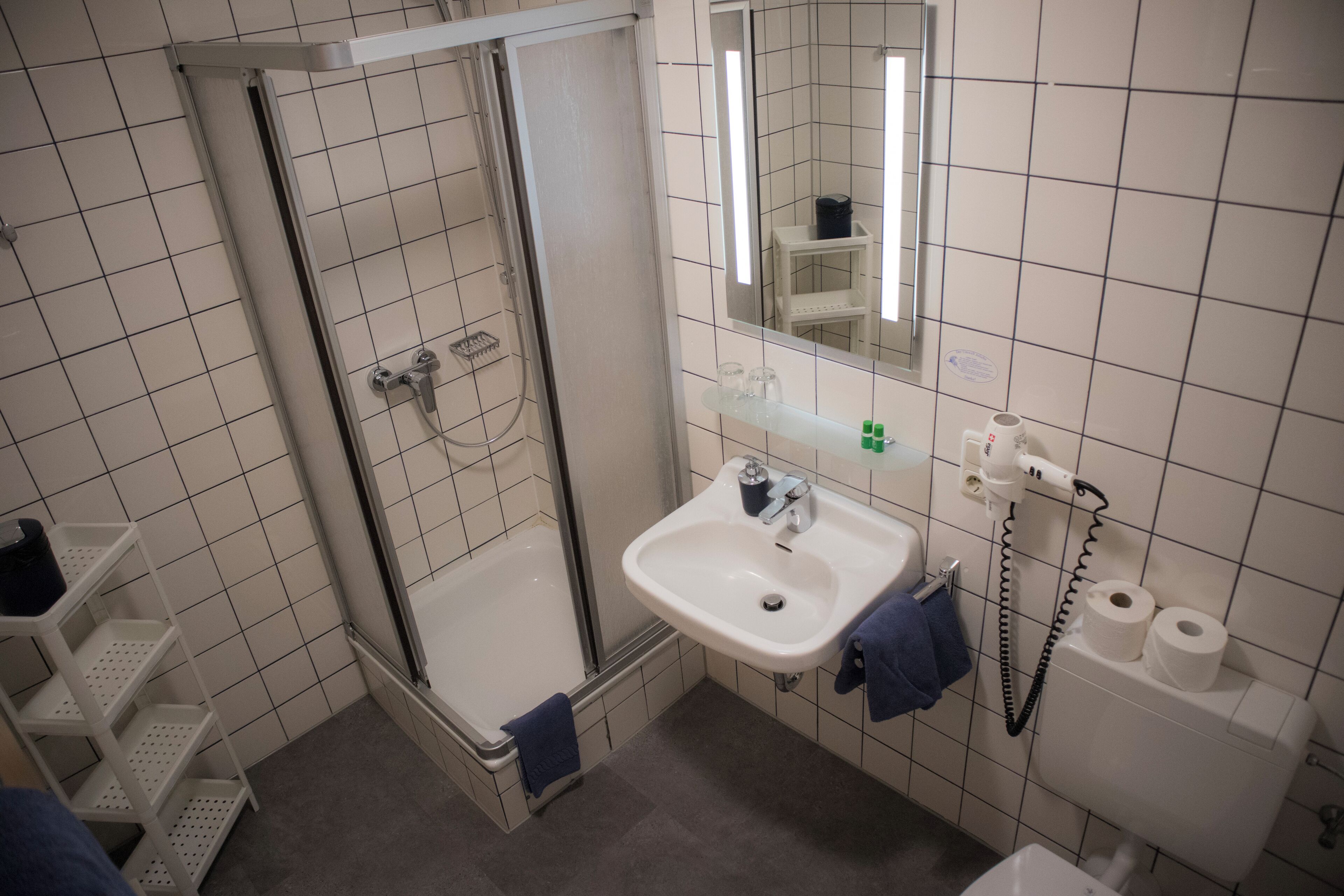 A bathroom with a shower, sink, and toilet.
