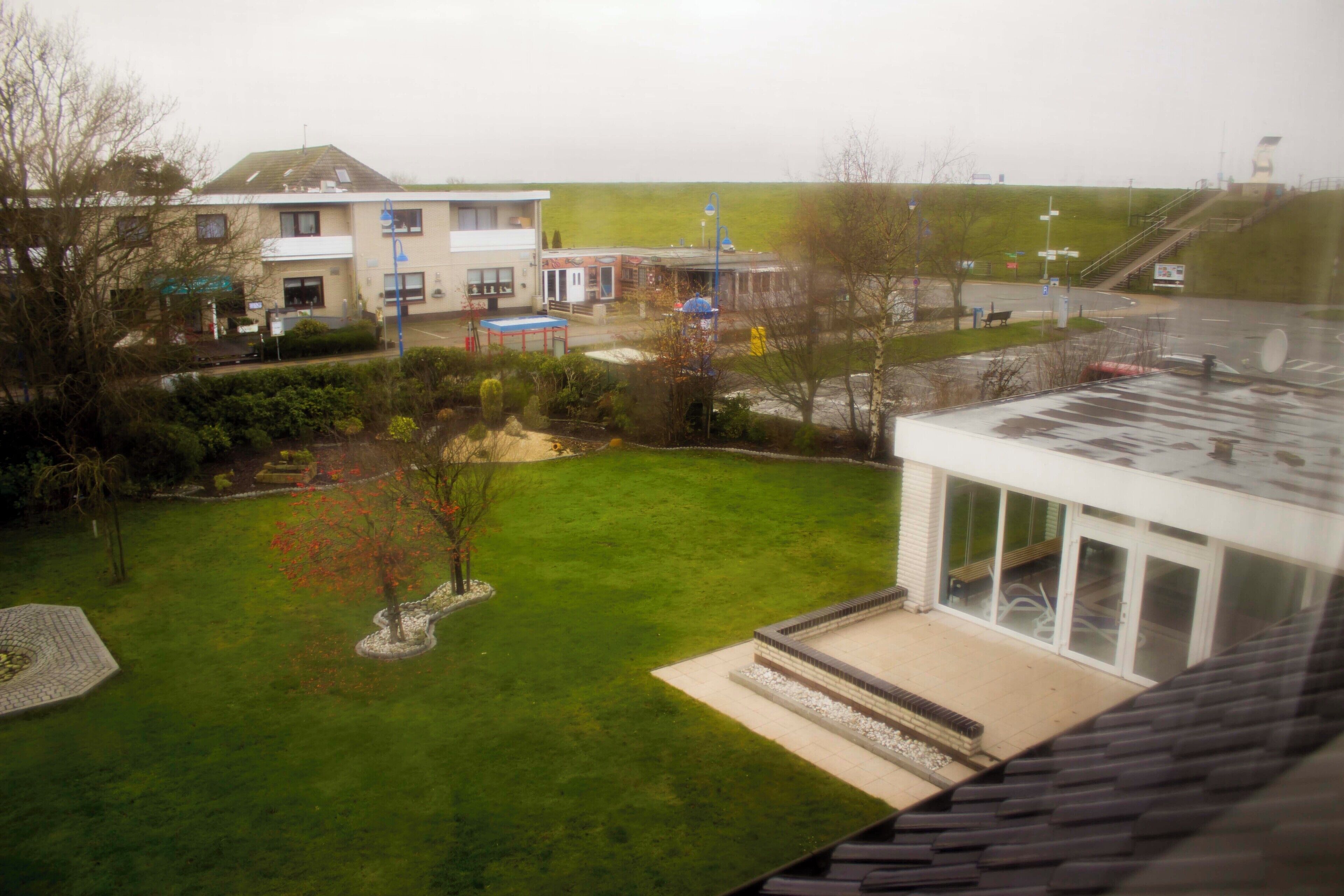 A residential area with a house, a small garden, and a paved pathway.