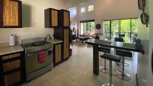 A modern kitchen with a gas stove, wooden cabinets, and a dining area with a bar stool.