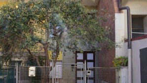 Une courClose délimitée par une clôture, avec un arbre, un portail et des plantes en pot.