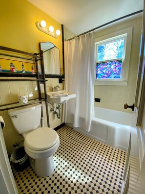 Jetted bath, hair dryer, towels, soap