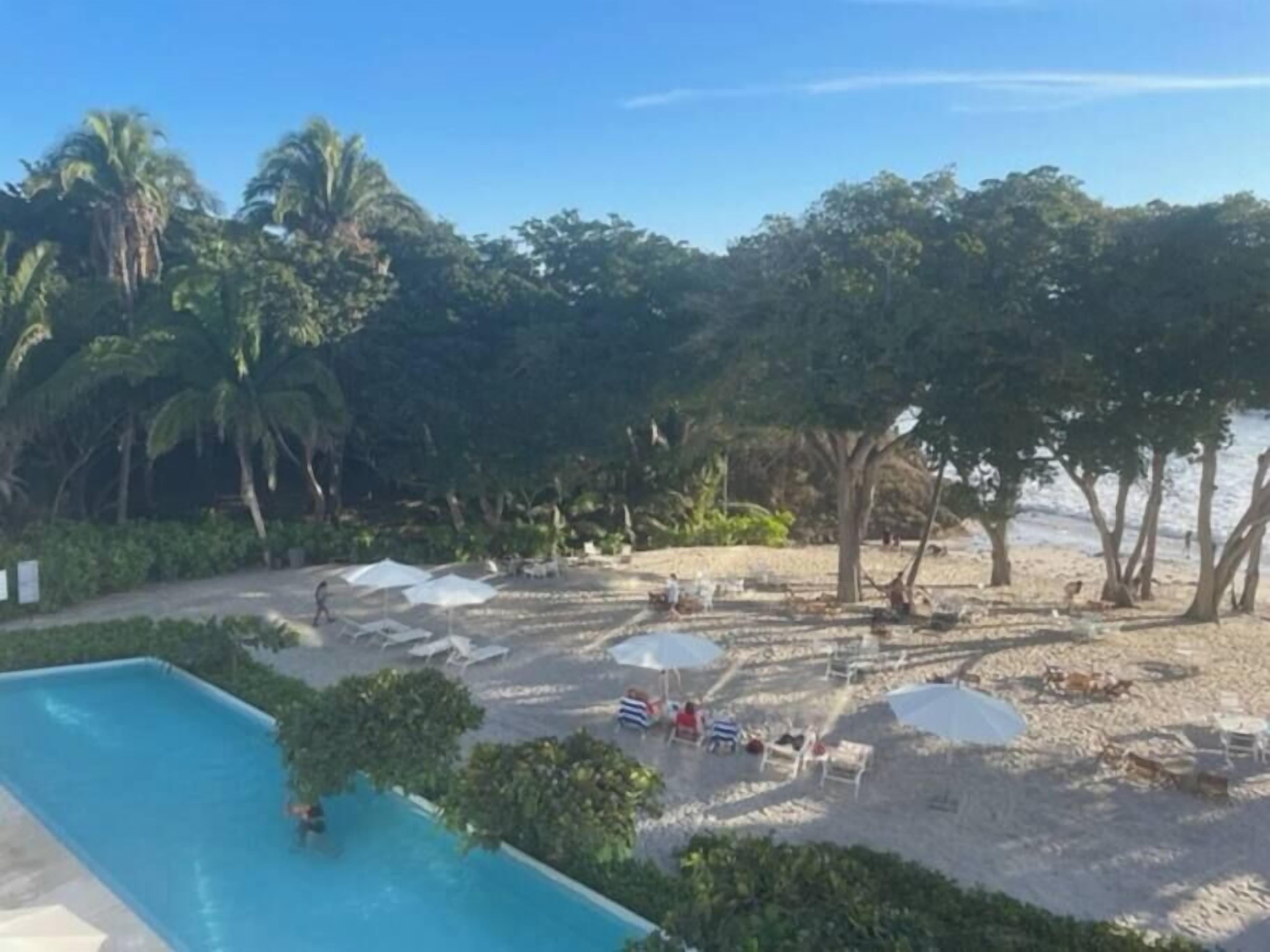 Ein Poolbereich mit Liegestühlen und Sonnenschirmen, umgeben von Bäumen und einem Sandstrand.