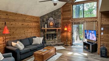 TV connectée, cheminée, livres