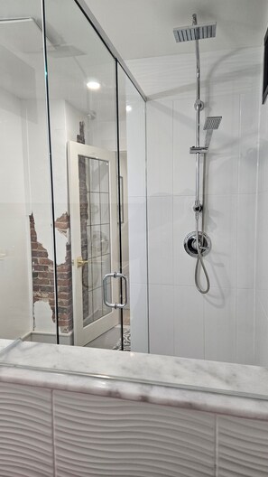 Shower, hair dryer, towels, toilet paper