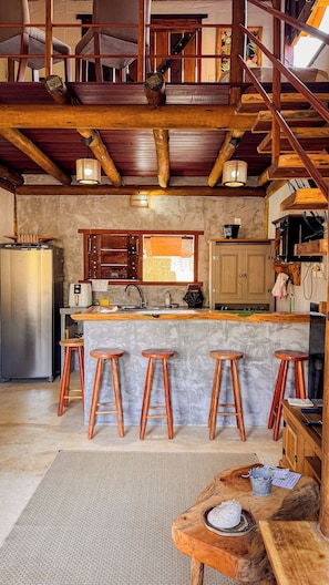 Romantic Cabin | Private kitchen | Toaster, cookware/dishes/utensils, cleaning supplies, freezer