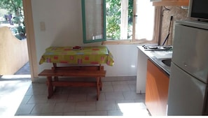 Fridge, microwave, stovetop, coffee/tea maker