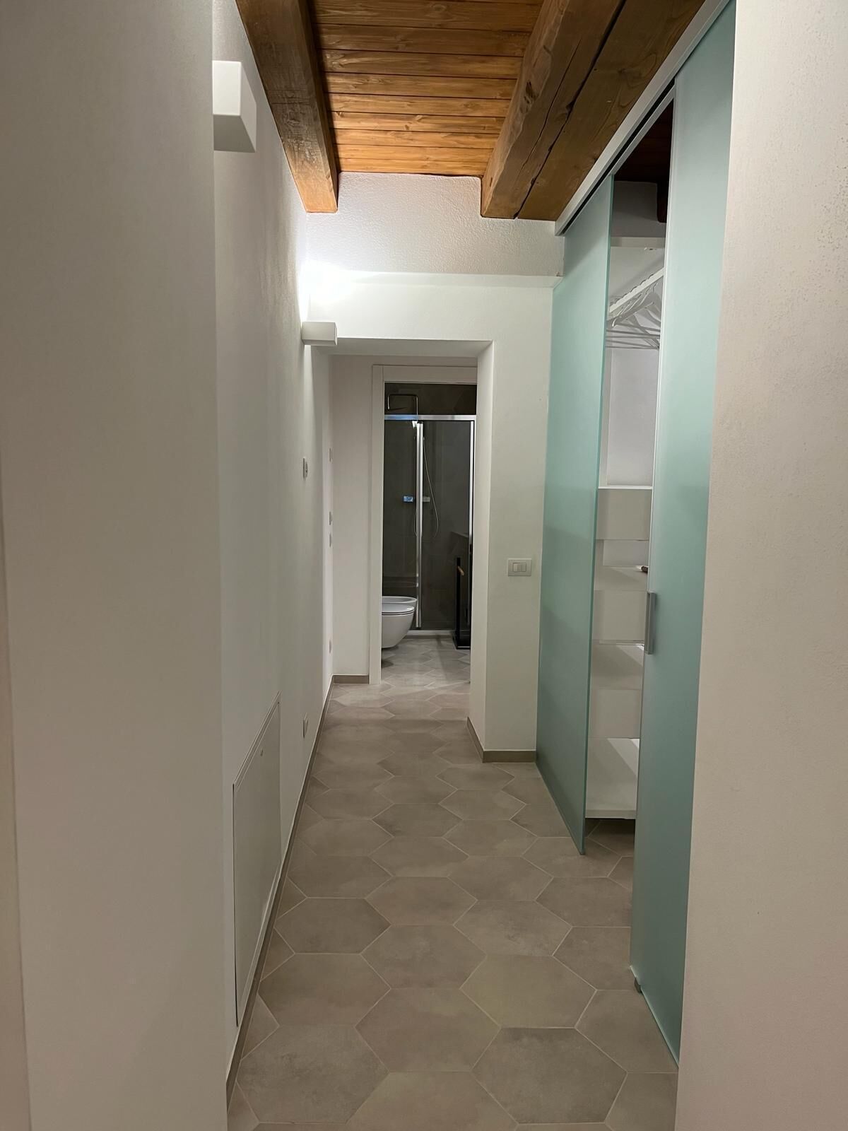 Un couloir étroit avec un plafond en bois, une porte de douche en verre et un placard avec des portes coulissantes.