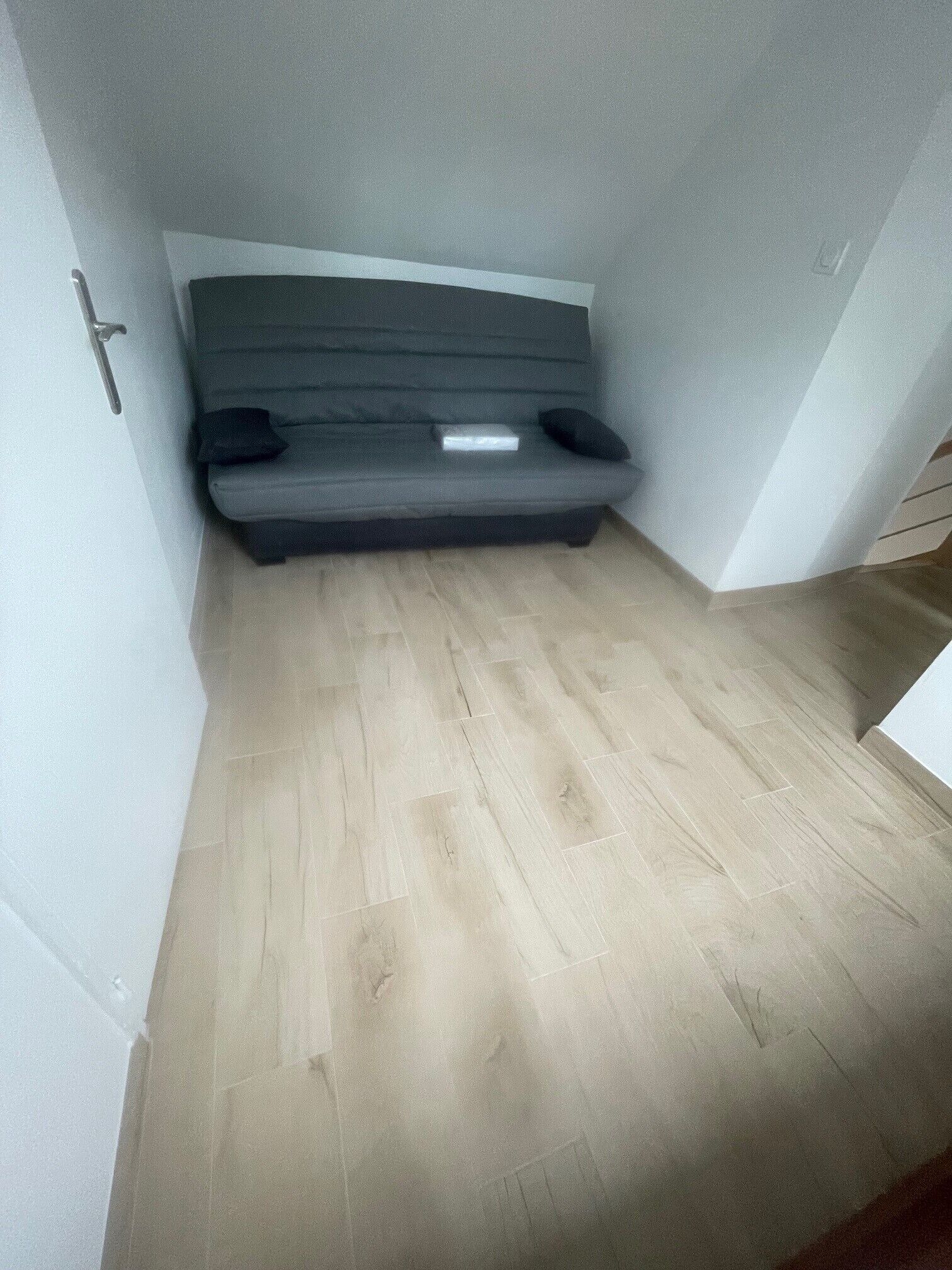 A room with a grey sofa bed against the wall, a wooden floor, and a door on the left.