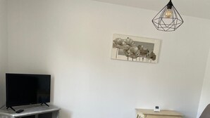 A living room with a TV on a cabinet, a grey sofa, a small wooden side table, and a modern pendant light.
