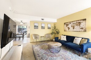 TV, fireplace - Farmhouse-Inspired Retreat w Pool-BBQ (Chico)