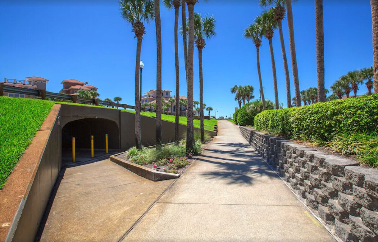 A pathway lined with palm trees and a stone wall, leading to a building with a red-tiled roof.