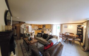 TV, fireplace, DVD player, books