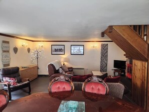 TV, fireplace, DVD player, books