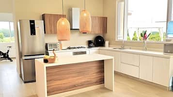 Fridge, oven, coffee/tea maker, toaster