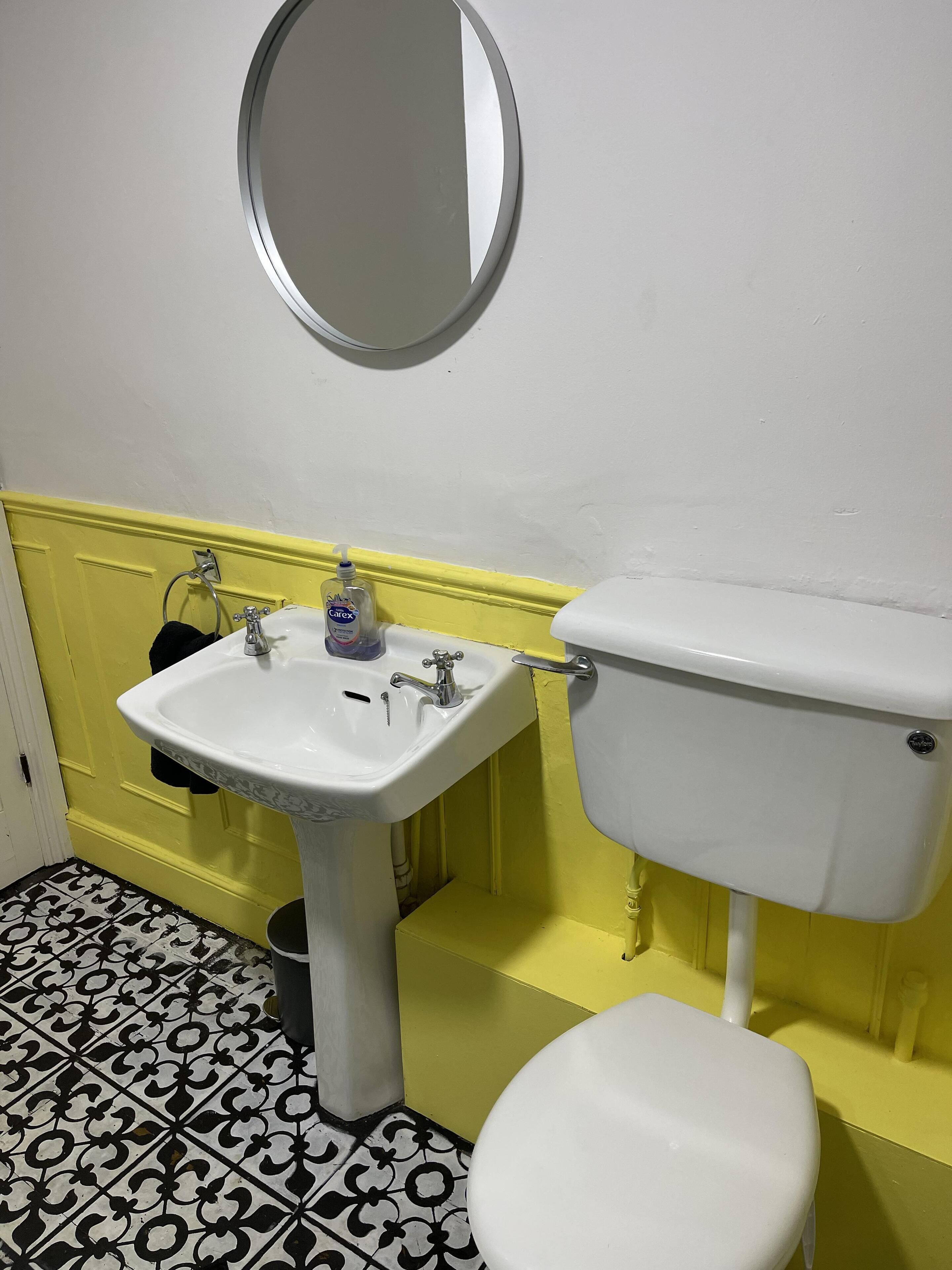 A bathroom with a white sink, a toilet, and a mirror.