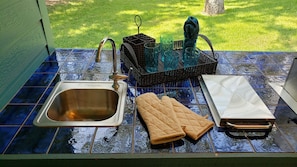 A kitchen area with a sink, a basket of items, and a window overlooking a grassy area.