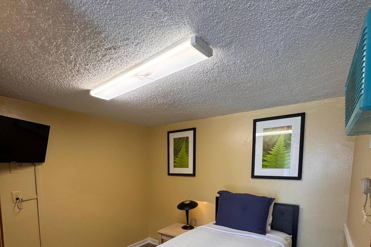 Un dormitorio con una cama, una mesita de noche, una lámpara y dos cuadros en la pared.