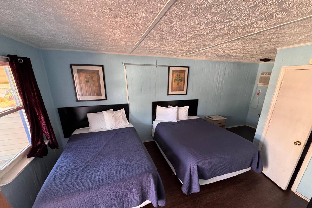 Una habitación con dos camas, una ventana con cortinas, una puerta y un techo con diseño texturizado.
