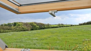 Une vue par une fenêtre à cadre en bois, donnant sur un champ verdoyant et une rangée d’arbres à l’horizon.