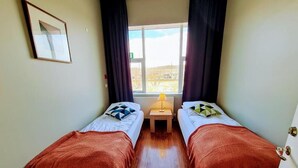 Une chambre avec deux lits, une petite table avec une lampe, une fenêtre avec des rideaux et un tableau encadré au mur.