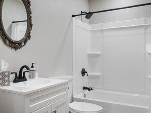 Hair dryer, towels, soap, shampoo