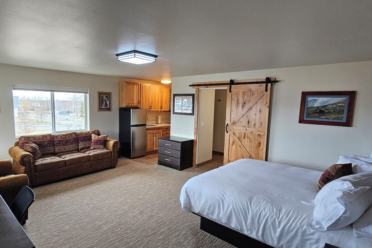 A bedroom with a bed, a sofa, a desk, and a kitchen area.