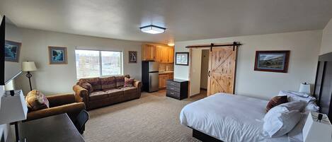 A bedroom with a bed, a sofa, a desk, and a kitchen area.