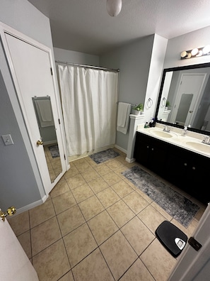 Hair dryer, towels, soap, shampoo