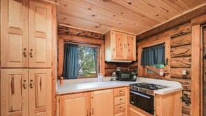 Eine Holzhütte mit einer Küche, inklusive Herd, Backofen und Schränken.