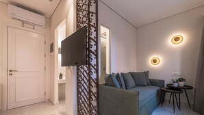 A modern living room with a sofa, a TV, a decorative partition, and a small table with a plant. - Silo Luxury Rooms Nafplio (Argos - Mykines)